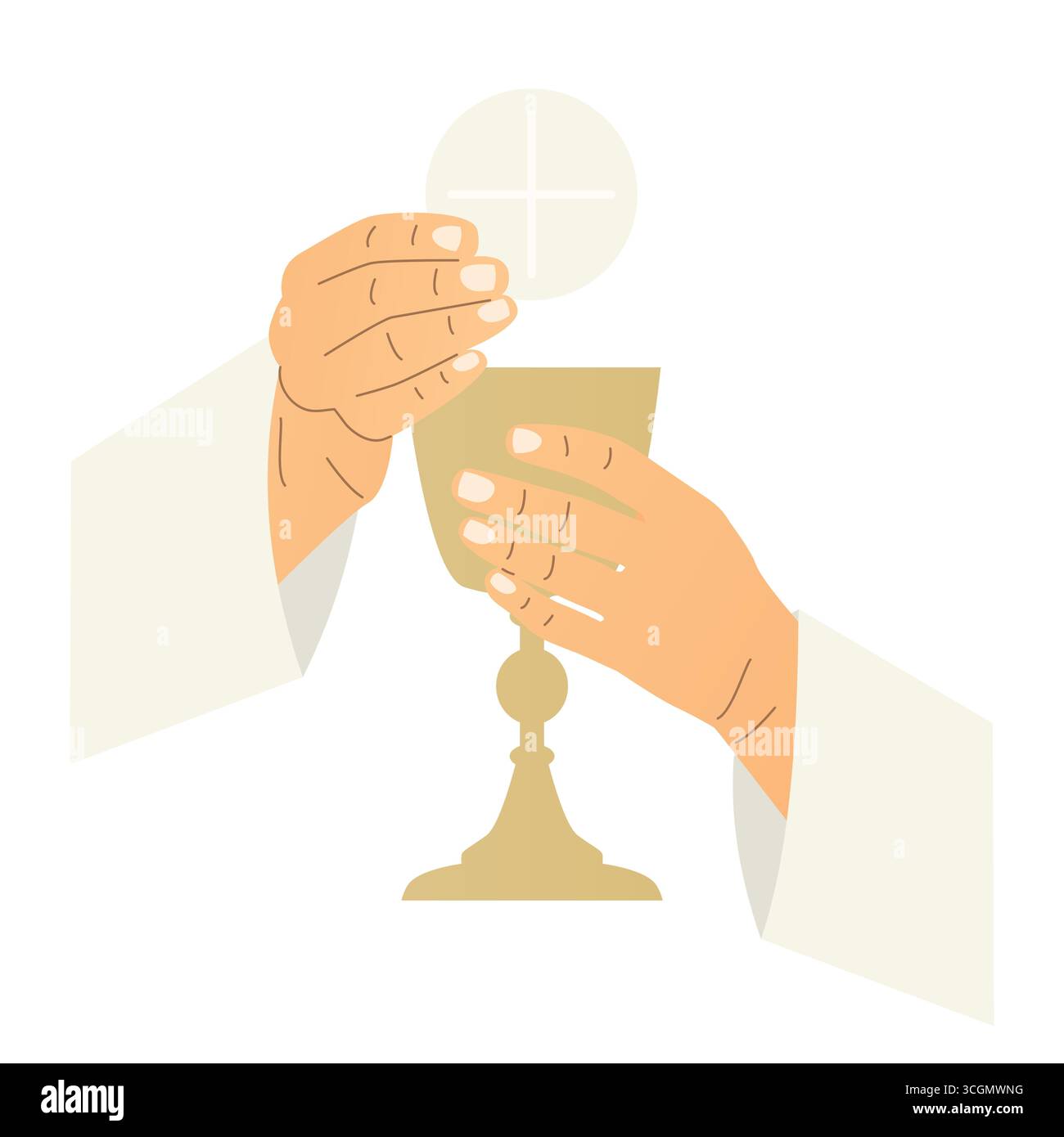 Hände des Priesters mit heiligem eucharistischen Wirt und Kelch, Kommunion, Wafer; es ist ideal für religiöse Veröffentlichungen, kirchliche Newsletter oder spirituelle W Stock Vektor