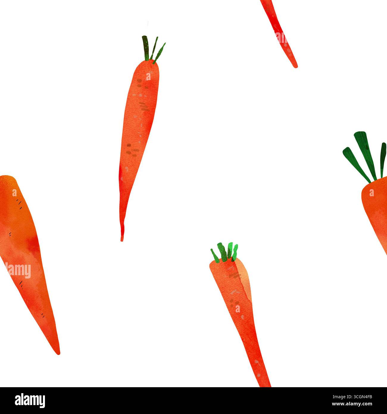 Nahtloses Muster handgezeichneter Karotten mit grünen Stielen auf weißem Hintergrund. Perfekt für Textilien, Tapeten, Verpackungen oder Lehrmaterialien für Kinder Stockfoto