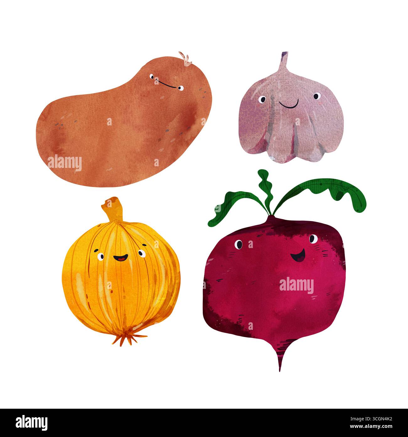 Aquarellillustration Set von glücklichem Gemüse mit süßen Gesichtern: Rüben, Kartoffeln, Knoblauch, Zwiebeln. Perfekt für Kinderbücher, Lehrmaterialien, hea Stockfoto