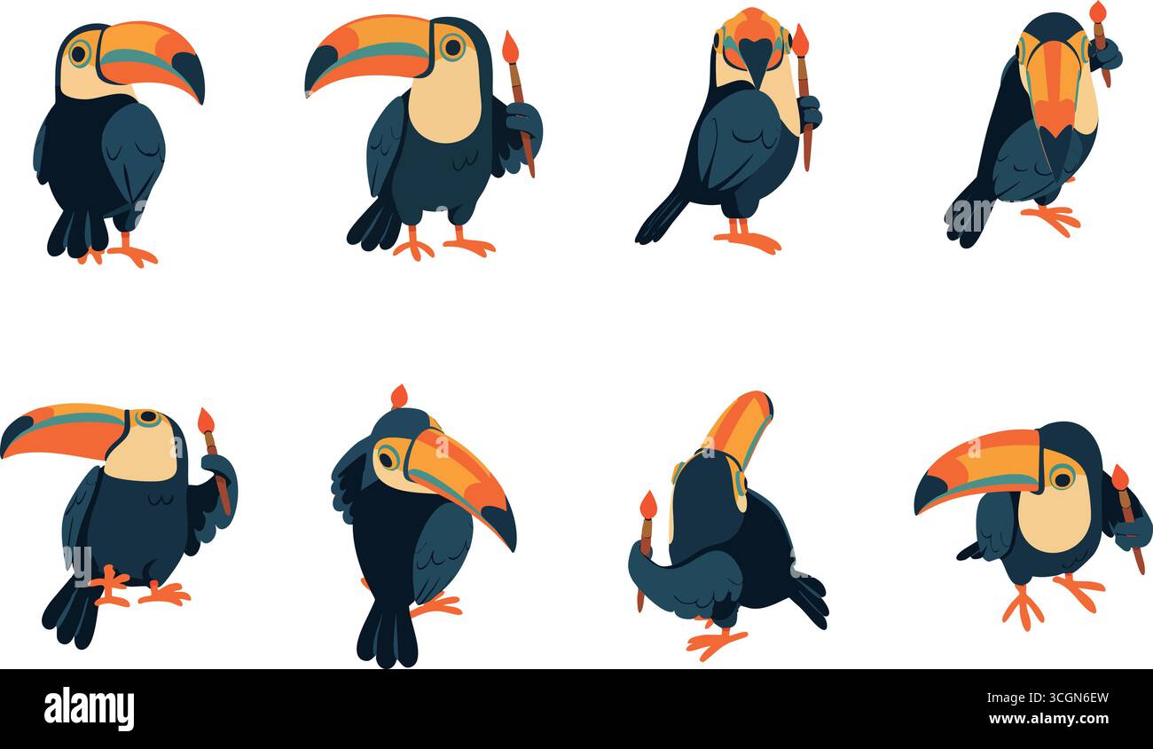 Farbenfrohe tropische Vögel mit leuchtenden Schellen spielen eine Reihe von Bewegungen aus, einschließlich winkendes flattern und Spaziergängen. Stock Vektor