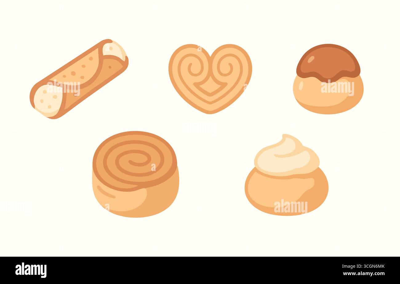 Eine warme Bäckerei mit verschiedenen Leckereien wie gefüllte Cannoli, herzförmiger palmier, Creme-Puff, Spiralrolle und einen Klecks Frosting. Stock Vektor