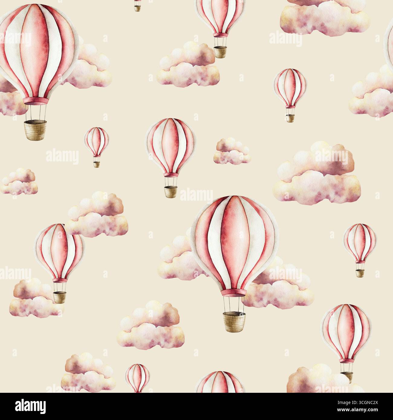 Luftballons mit Korb und nahtlosem Muster der Sommerluftwolken. Aquarell Hand gezeichnetes Kinderzimmer Clipart isoliert auf Hintergrund. Niedliche Illustration. Baby Stockfoto