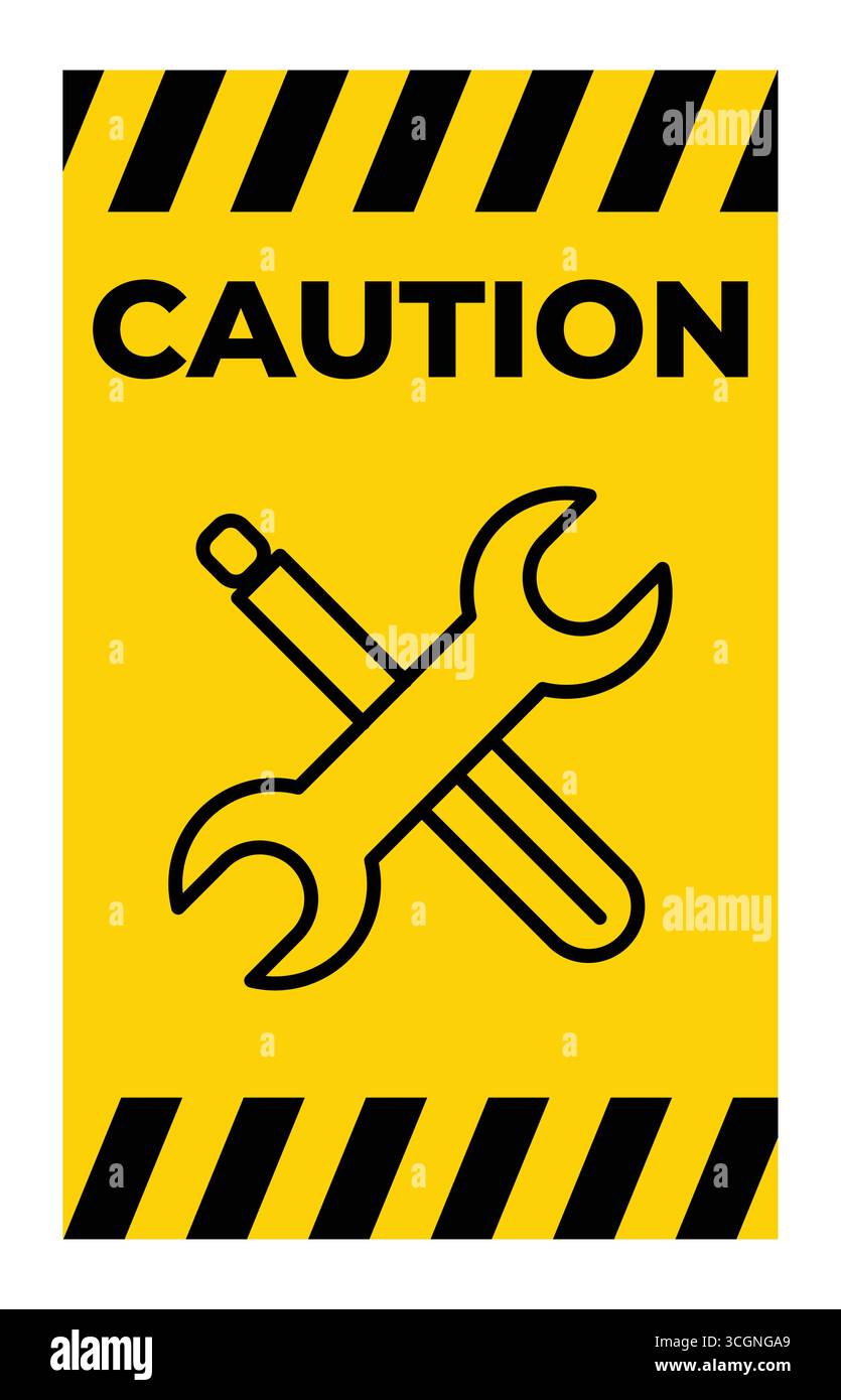 Dieses leuchtende Warnschild verfügt über einen Schraubenschlüssel und einen Schraubendreher vor einem hellgelben Hintergrund. Ideal für Arbeitsplätze, um Sicherheitsbewusstsein und Vorsorge zu gewährleisten Stock Vektor
