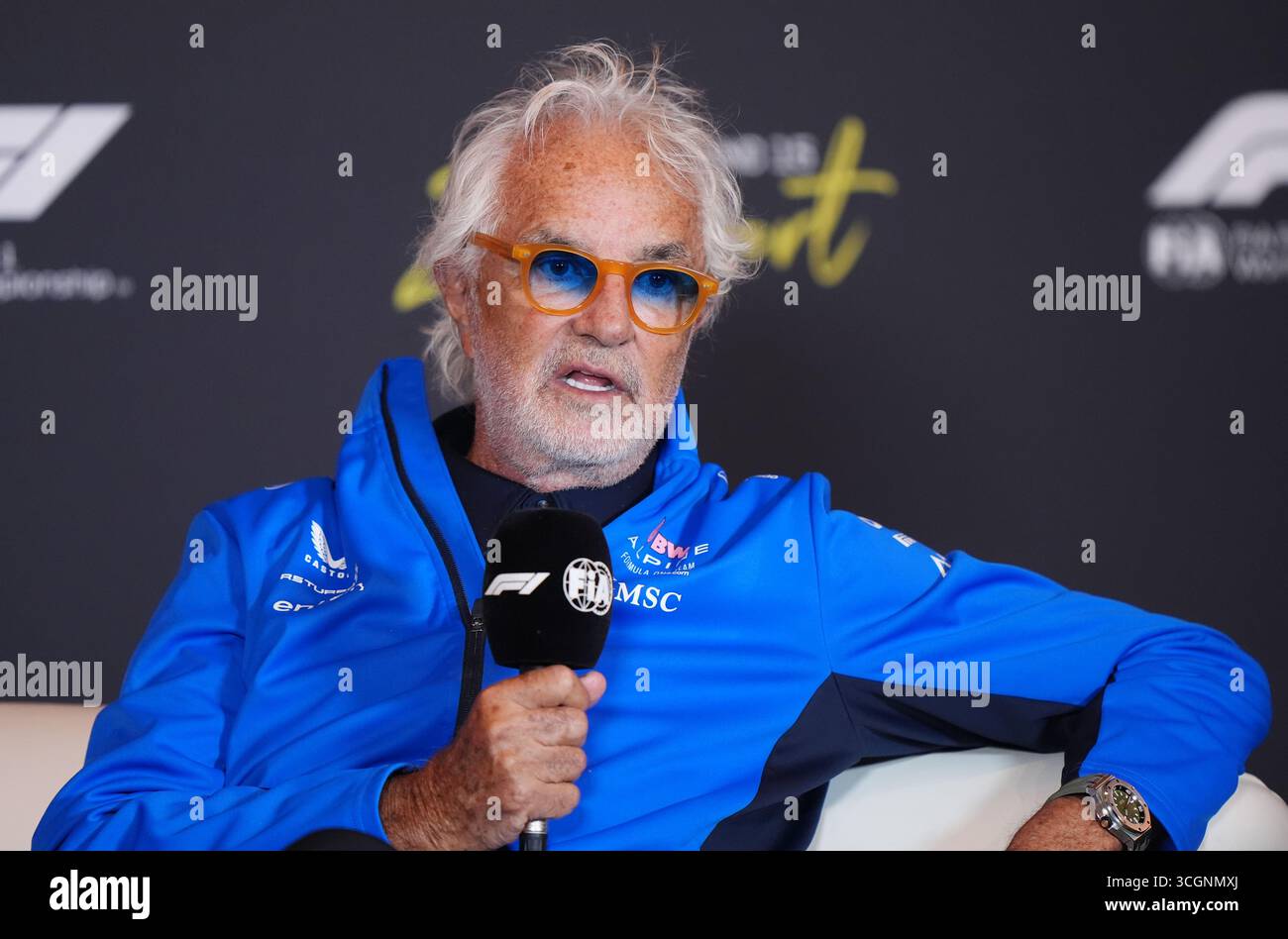 Alpine Executive Advisor Flavio Briatore während einer Pressekonferenz im Circuit Zandvoort, Holland. Bilddatum: Freitag, 29. August 2025. Stockfoto