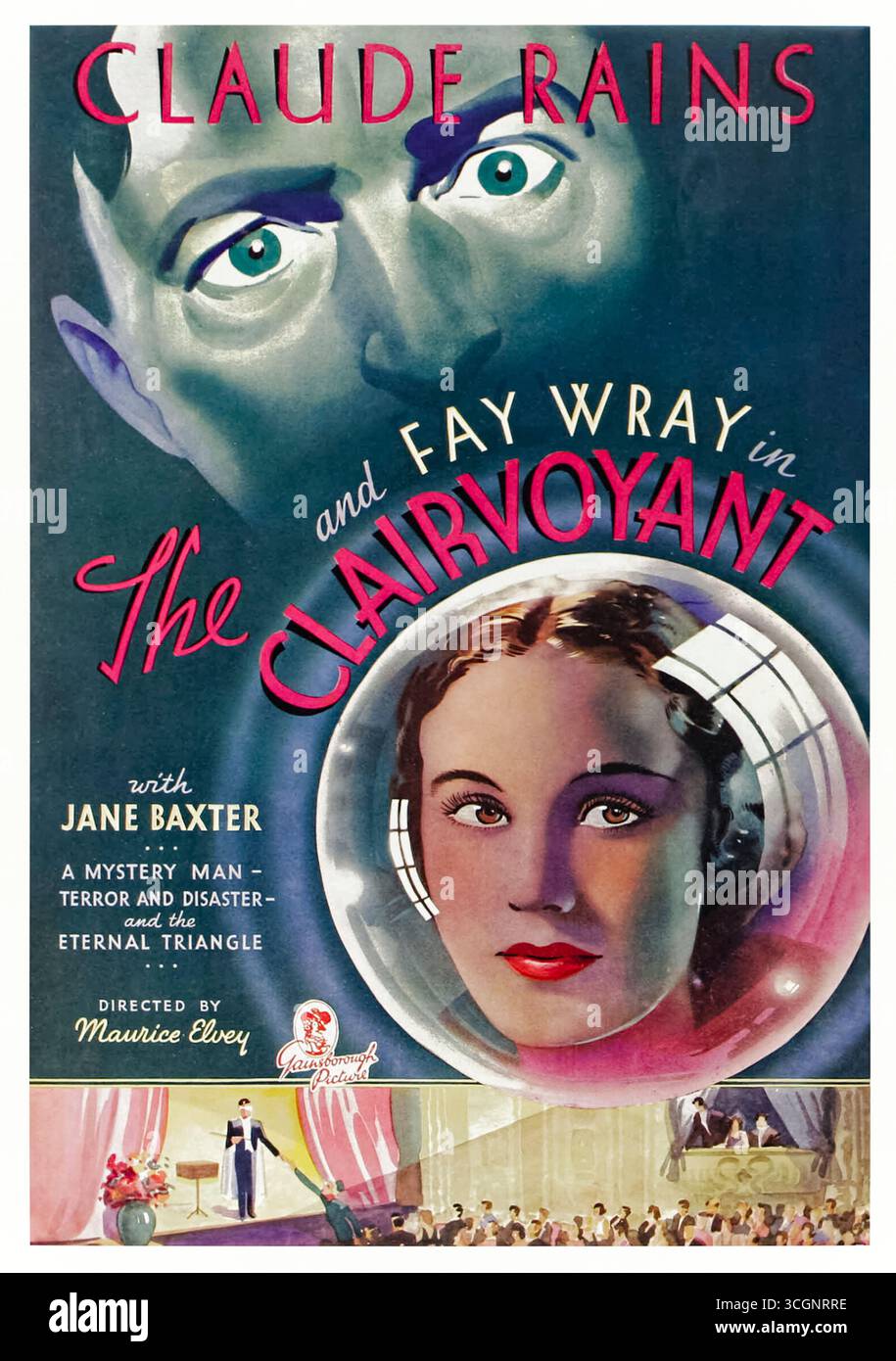 The Clairvoyant (1935) von Maurice Elvey mit Claude Rains, Fay Wray und Jane Baxter. Ein Geisteslesender Bühnendarsteller entdeckt, dass er echte psychische Fähigkeiten besitzt, die auf mysteriöse Weise durch die Anwesenheit einer schönen Frau ausgelöst werden, was zu Vorhersagen von Katastrophen und Tragödien führt, die ihn ins Rampenlicht und vor Gericht stellen. Foto des ursprünglichen Kampagnenmaterials der Aussteller aus dem Jahr 1935. Kredit: BFA/Gaumont British Picture Corporation Stockfoto