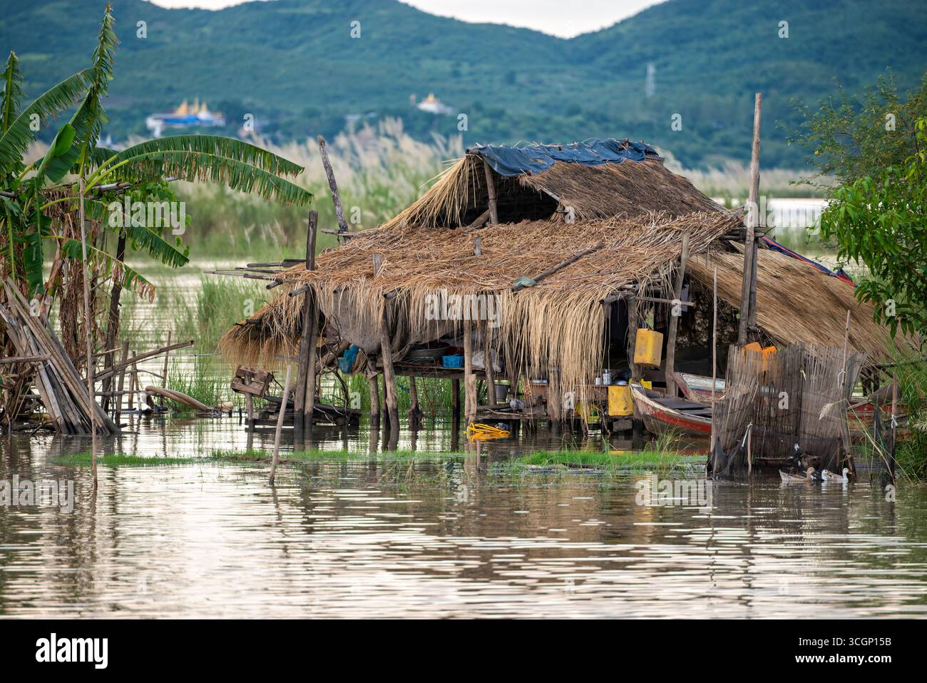 Angelhütte mit Reetdach über dem Wasser Ayeyarwaddy River Mandalay Myanmar // MANDALAY, Myanmar — Eine traditionelle Angelhütte mit einem Strohdach und einem kleinen Boot ist auf Stelzen über dem Wasser des Ayeyarwady River (auch bekannt als Irrawaddy River) gebaut. Diese einfachen Bauten befinden sich häufig entlang der Flussufer und dienen als Wohnstätten oder Stützpunkte für lokale Fischer. Enten schwimmen entlang der Hütte, was die enge Verbindung zwischen der Gemeinde und dem Fluss unterstreicht. Der Ayeyarwady River ist Myanmars längste und kommerziell bedeutendste Wasserstraße, die durch die Region Mandalay fließt. Mandala Stockfoto