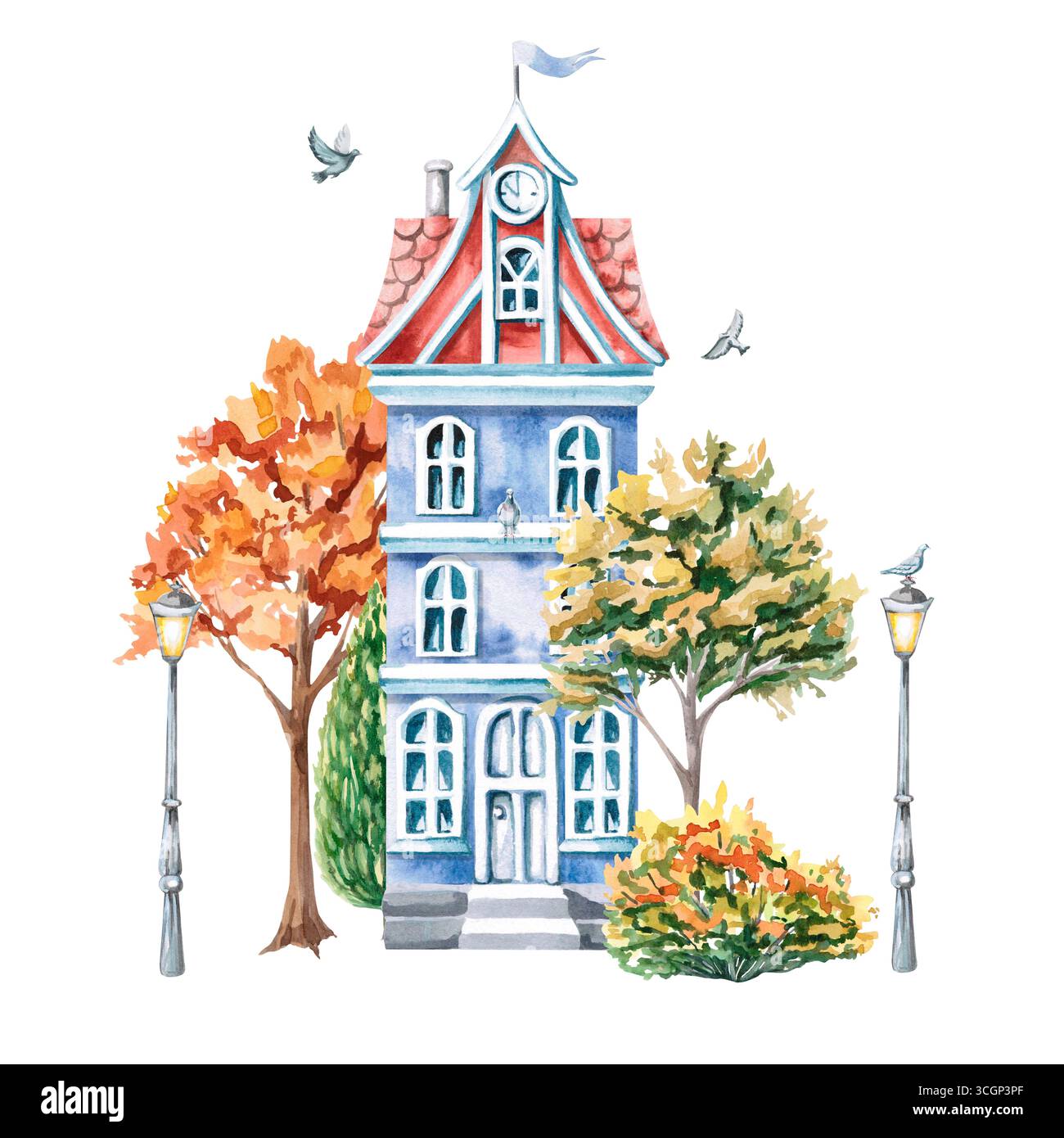 Dreistöckiges Stadthaus mit Dachboden und Herbstbäumen. Isolierte Aquarellillustration von Gebäuden für die Gestaltung von Druckerzeugnissen der Architektur Stockfoto