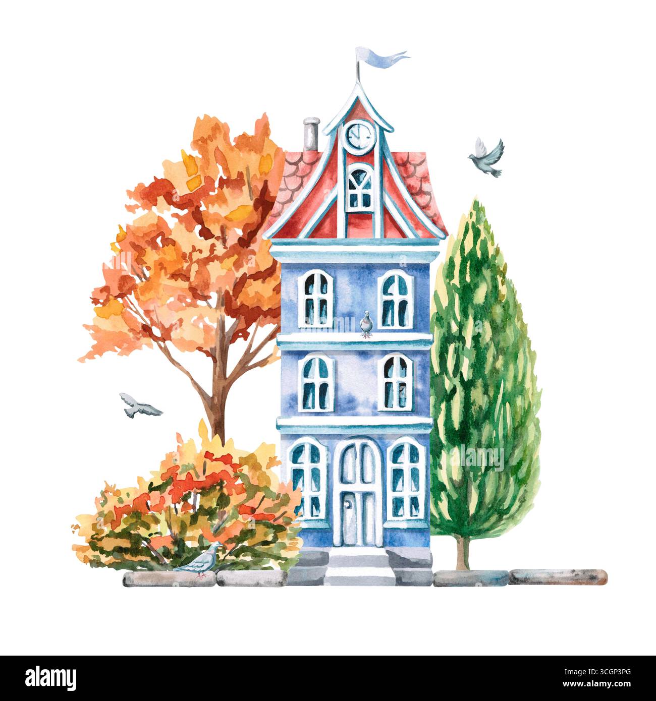 Dreistöckiges blaues Stadthaus mit Dachboden und Herbstbäumen. Isolierte Aquarellillustration zur Gestaltung von Druckerzeugnissen aus Architekturbure Stockfoto