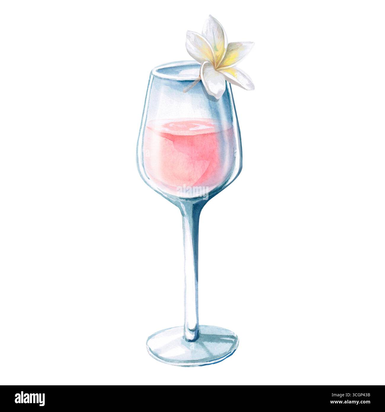 Glas Rosenwein mit zarter Plumerieblüte am Rand. Isolierte Aquarellillustration für Restaurant-Menü-Design, Innendekoration, Hochzeit Stockfoto