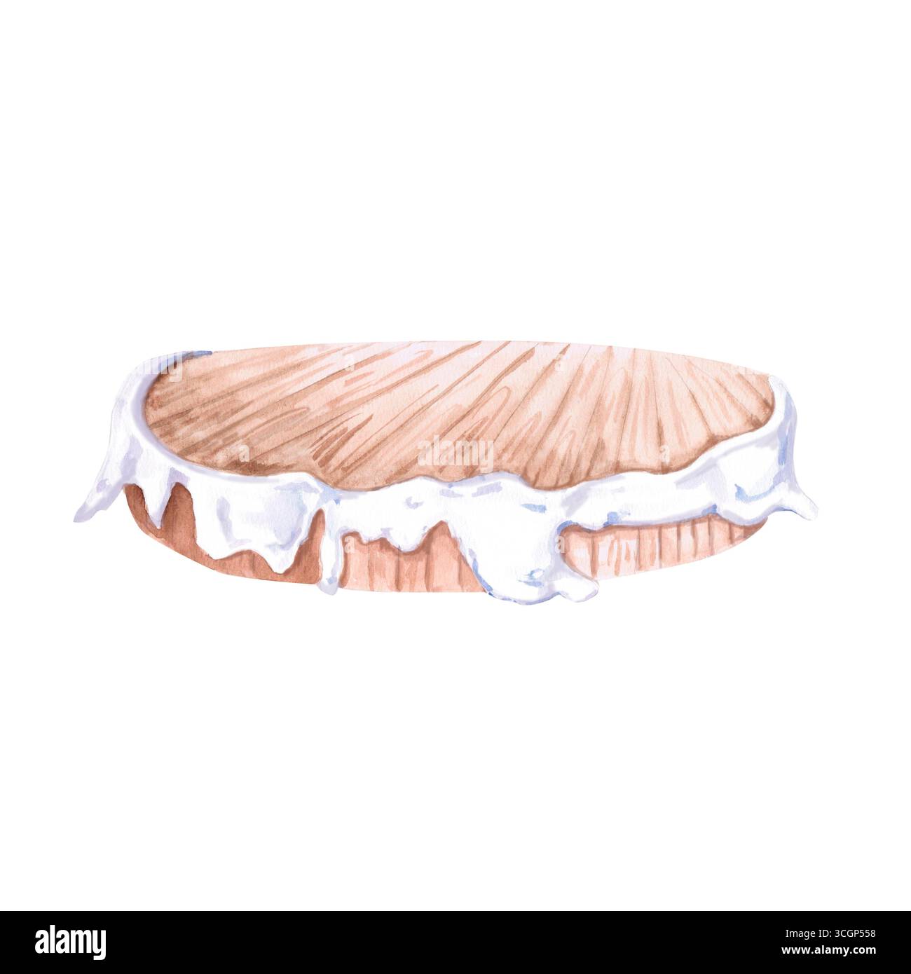 Runde Holzbühne im Schnee. Isolierte Aquarellillustration für Konzertkarten, Innenräume, Einladungen, Poster, Glückwünsche Stockfoto