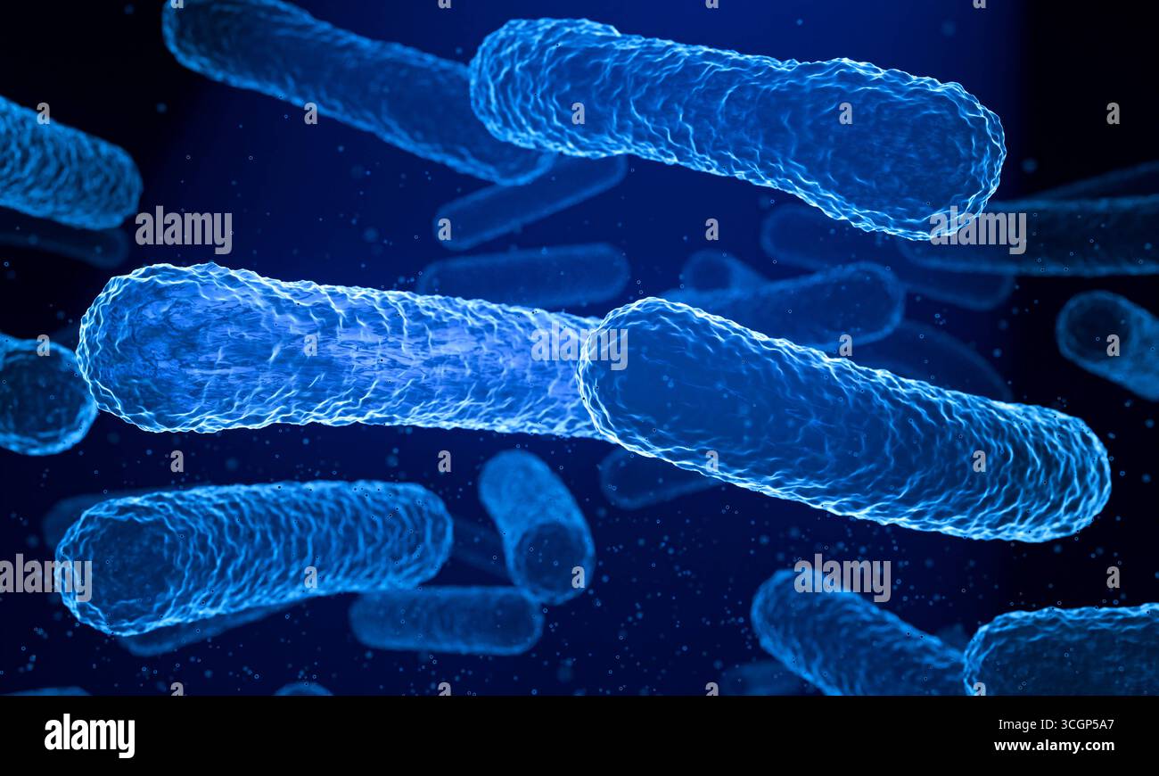 Schließen Sie blaue fluoreszierende Bakterien oder Viren unter einem Mikroskop. Schließen Sie blaue fluoreszierende Bakterien oder Viren unter einem Mikroskop. Pathogene, bakterielle Infektion, mikroskopische Darstellung, Mikrobiologie, Krankheit, ansteckend. Modell, 3D-Illustration science029s01_Bacterium Stockfoto