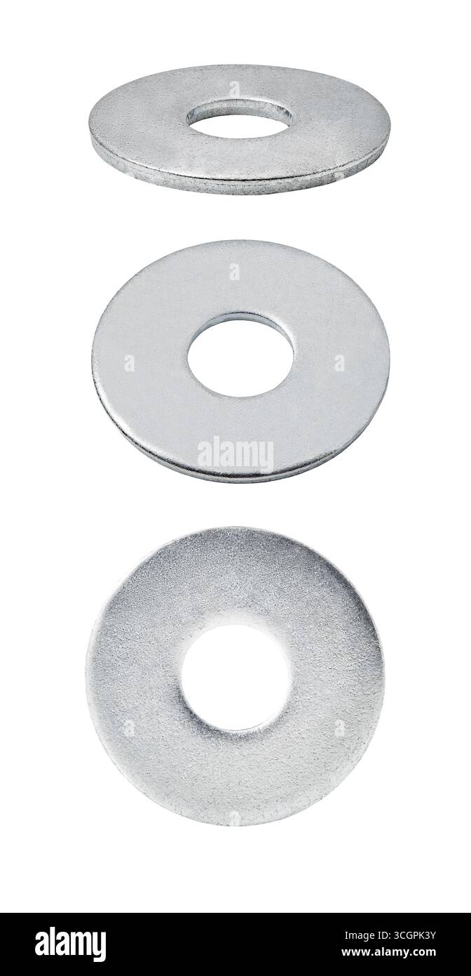Satz runder Metallscheiben, isoliert auf weißem Hintergrund Stockfoto