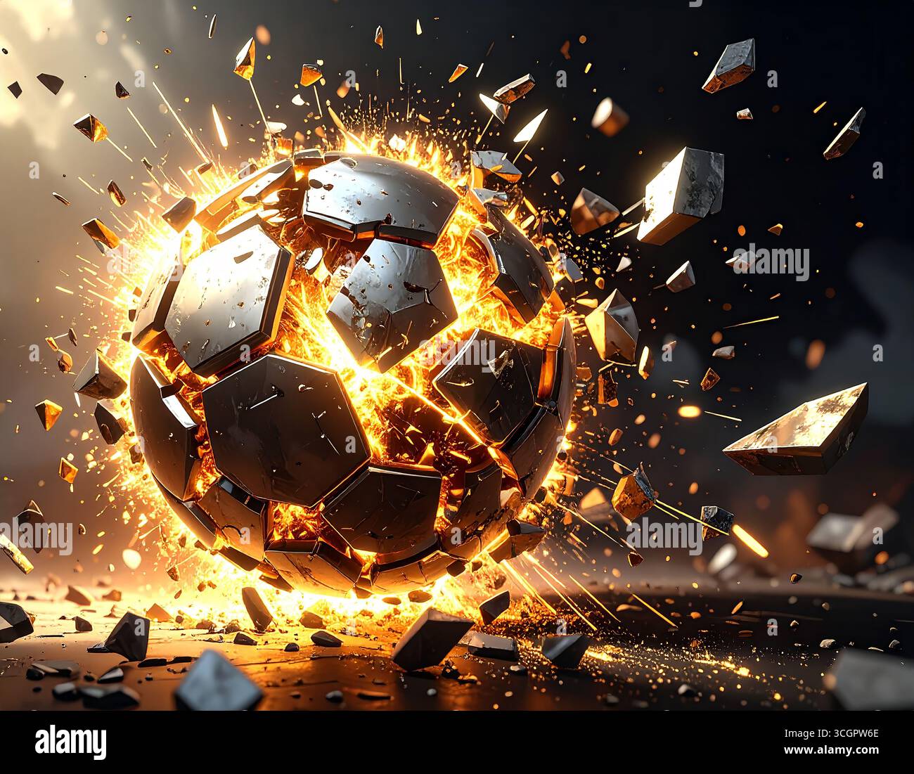 Futuristische metallische Kugel, die bei kosmischer Explosion in Flammen verschlungen ist. Glühende Metallkugel, umgeben von Feuer im Science-fiction-Weltraum Stockfoto