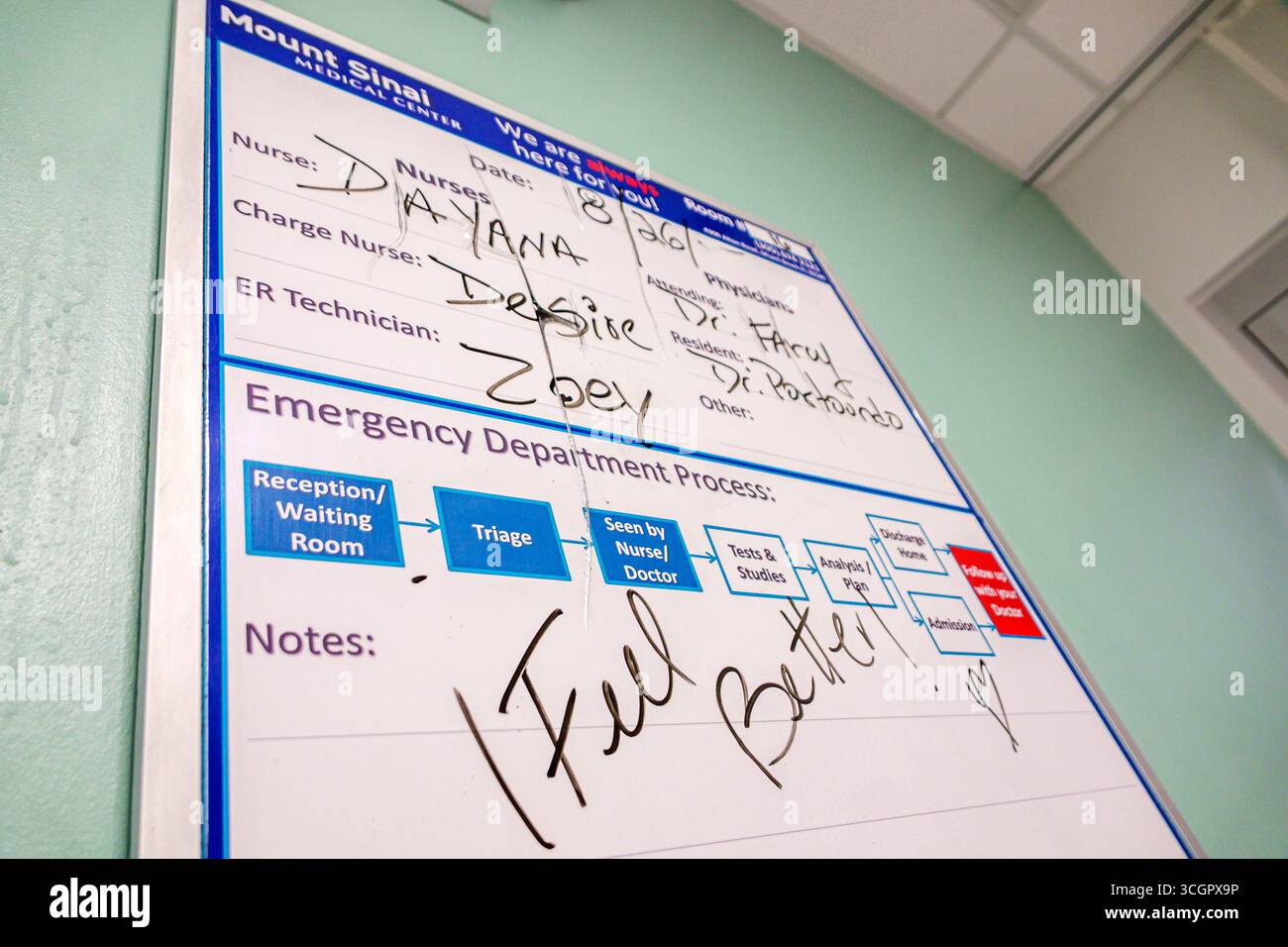 Miami Beach Florida, Mount Mt. Sinai Medical Center Center Krankenhaus, innen innen, Notaufnahme Abteilung, Krankenhaus Patienten Kommunikation Board, Nurs Stockfoto