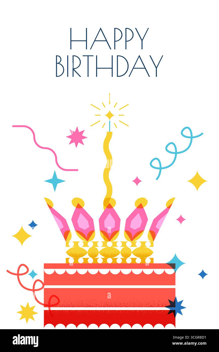 Happy Birthday Grußkarte mit rotem Kuchen, Krone und Kerze. Geometrische Vektorabbildung isoliert auf weißem Hintergrund. Prinzessinnenabschied Stock Vektor