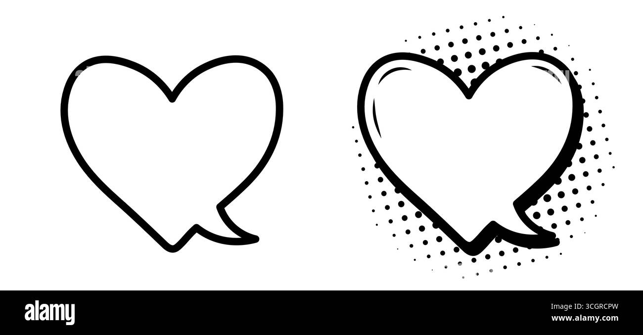 Eine Reihe herzförmiger Sprechblasen, Zeichentrickdesign- oder Comic-Elemente, die auf weißem Hintergrund hervorgehoben werden. Stock Vektor