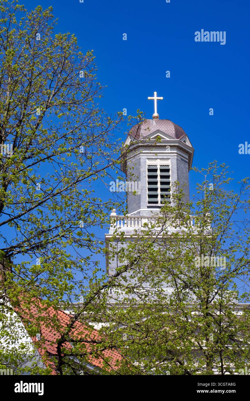 Leiden, Niederlande, 25.04.2025Eer Kirchturm in Leiden, Niederlande, erhebt sich mit einem Kuppeldach und goldenem Kreuz darüber, eingerahmt von grünen Frühlingsbäumen Stockfoto