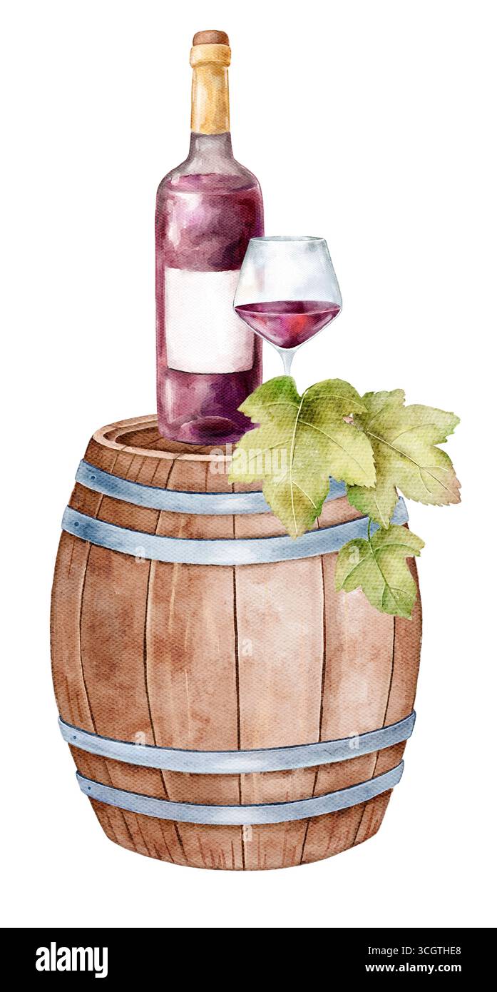 Handgemalte Wasserfarben-Weinkompositionen isoliert auf weißem Hintergrund. Flaschen, Gläser, Fässer, Trauben, Feigen und Spritzer. Perfekt für Einladungen, Stockfoto