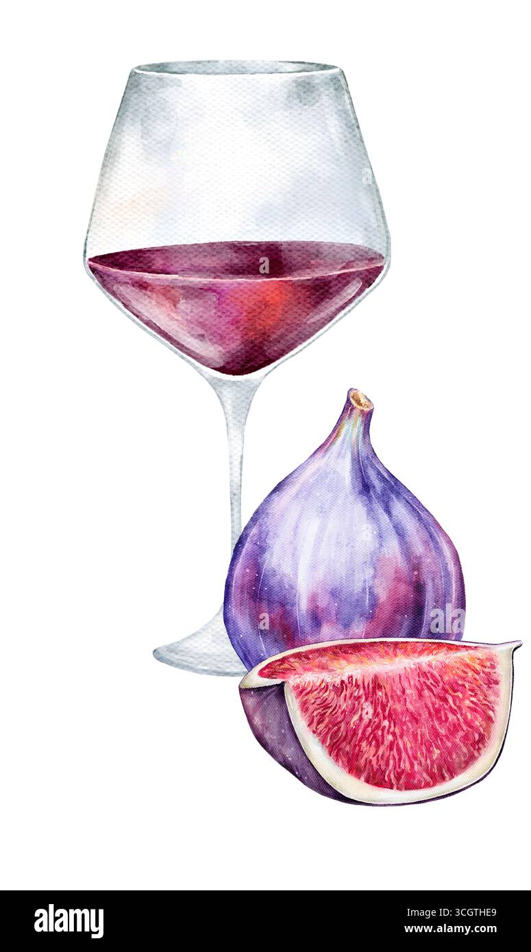 Handgemalte Wasserfarben-Weinkompositionen isoliert auf weißem Hintergrund. Flaschen, Gläser, Fässer, Trauben, Feigen und Spritzer. Perfekt für Einladungen, Stockfoto