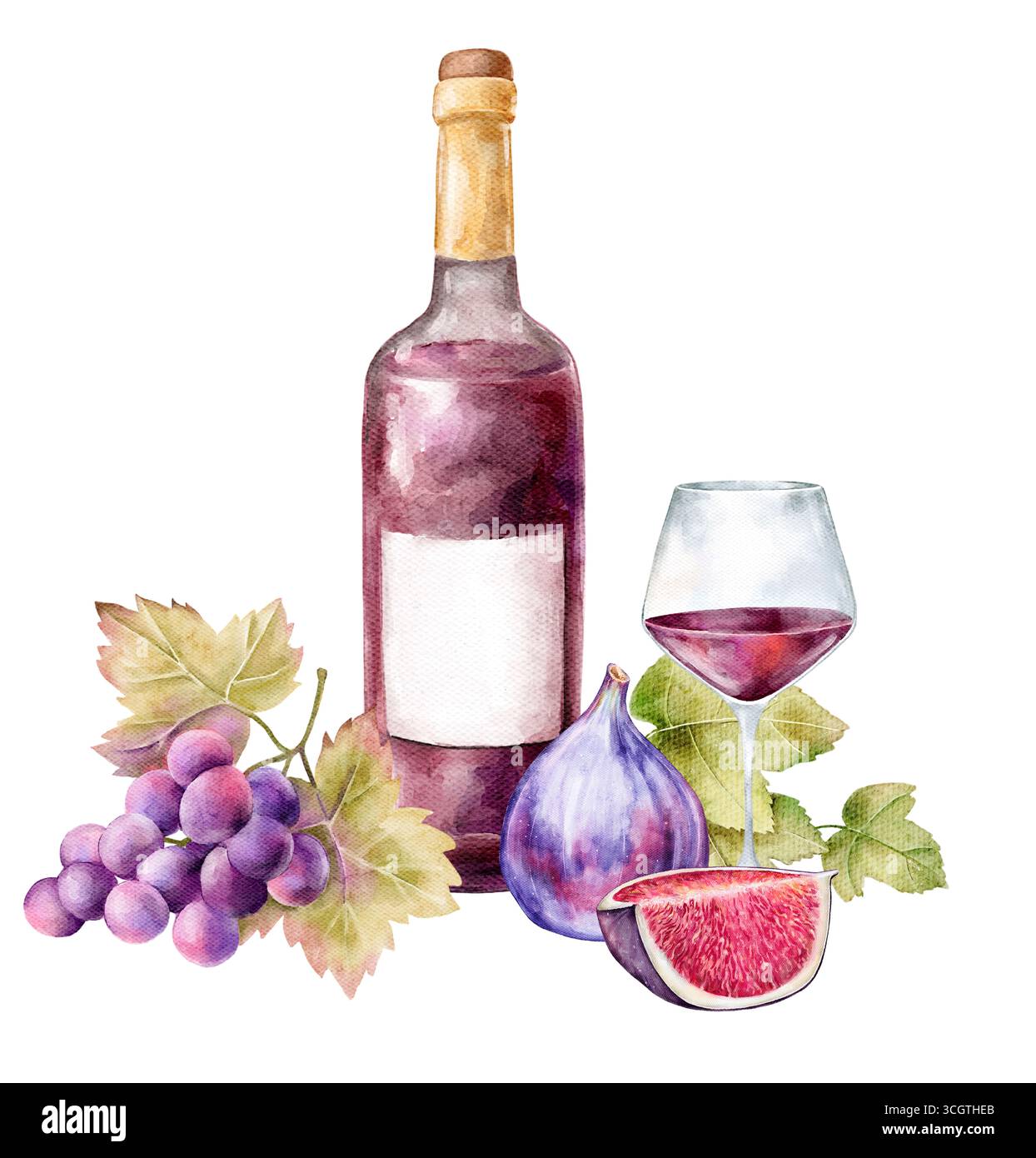 Handgemalte Wasserfarben-Weinkompositionen isoliert auf weißem Hintergrund. Flaschen, Gläser, Fässer, Trauben, Feigen und Spritzer. Perfekt für Einladungen, Stockfoto