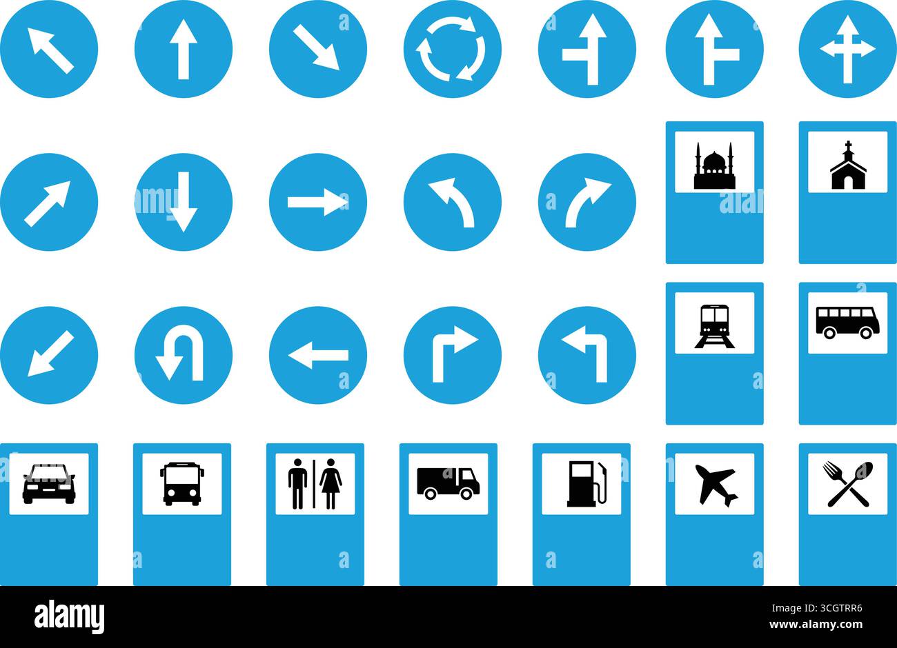 Eine umfassende Reihe von blau-weißen Verkehrsschildern und Schildern für öffentliche Dienste, einschließlich Richtungspfeilen und Symbolen für Einrichtungen wie Toiletten, Gas und Trans Stock Vektor