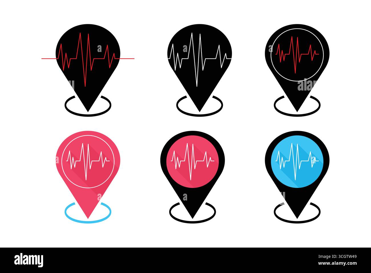 PIN-Symbole mit Herzschlag und EKG-Linien. Stock Vektor