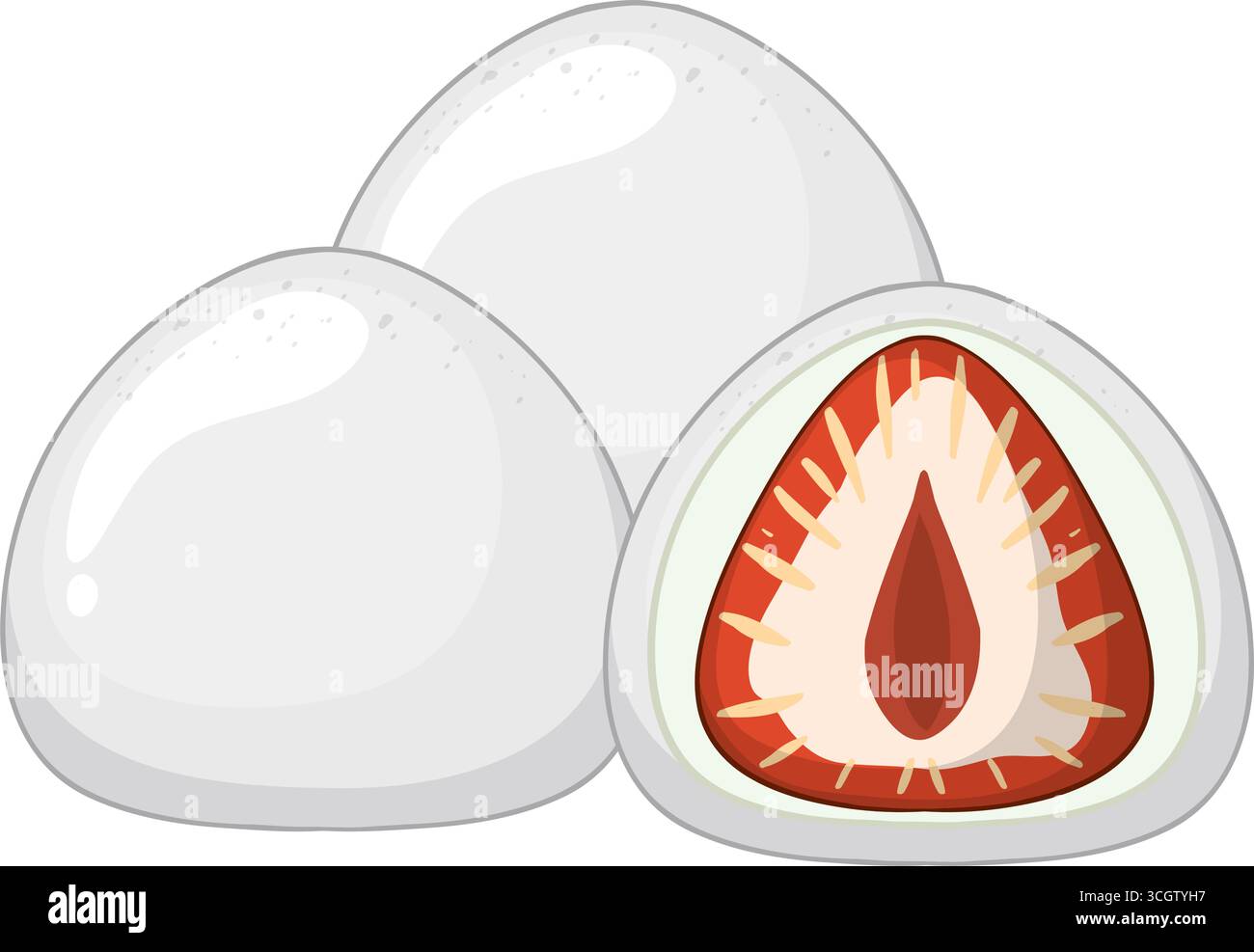 Drei Mochi-Desserts, einer in Scheiben geschnitten, um Erdbeeren und rote Bohnen Füllung zu enthüllen, saubere Vektorstil Stock Vektor