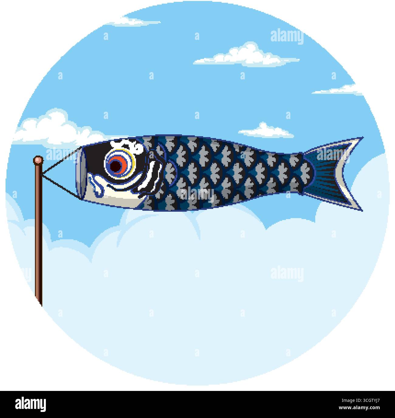 Vektorillustration des schwarzen Koinobori Karpfenstreamers auf Pol, blauer Himmel, stilisierte Wolken, flacher Stil Stock Vektor