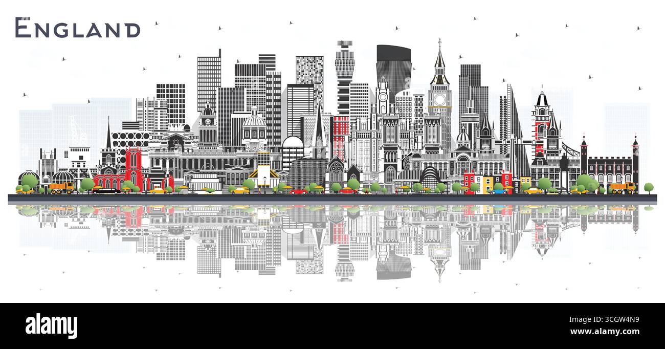 Skyline von England mit grauen Gebäuden, isoliert auf Weiß. Vektorgrafik. Konzept mit historischer Architektur. Stadtbild von England mit Wahrzeichen. Stock Vektor