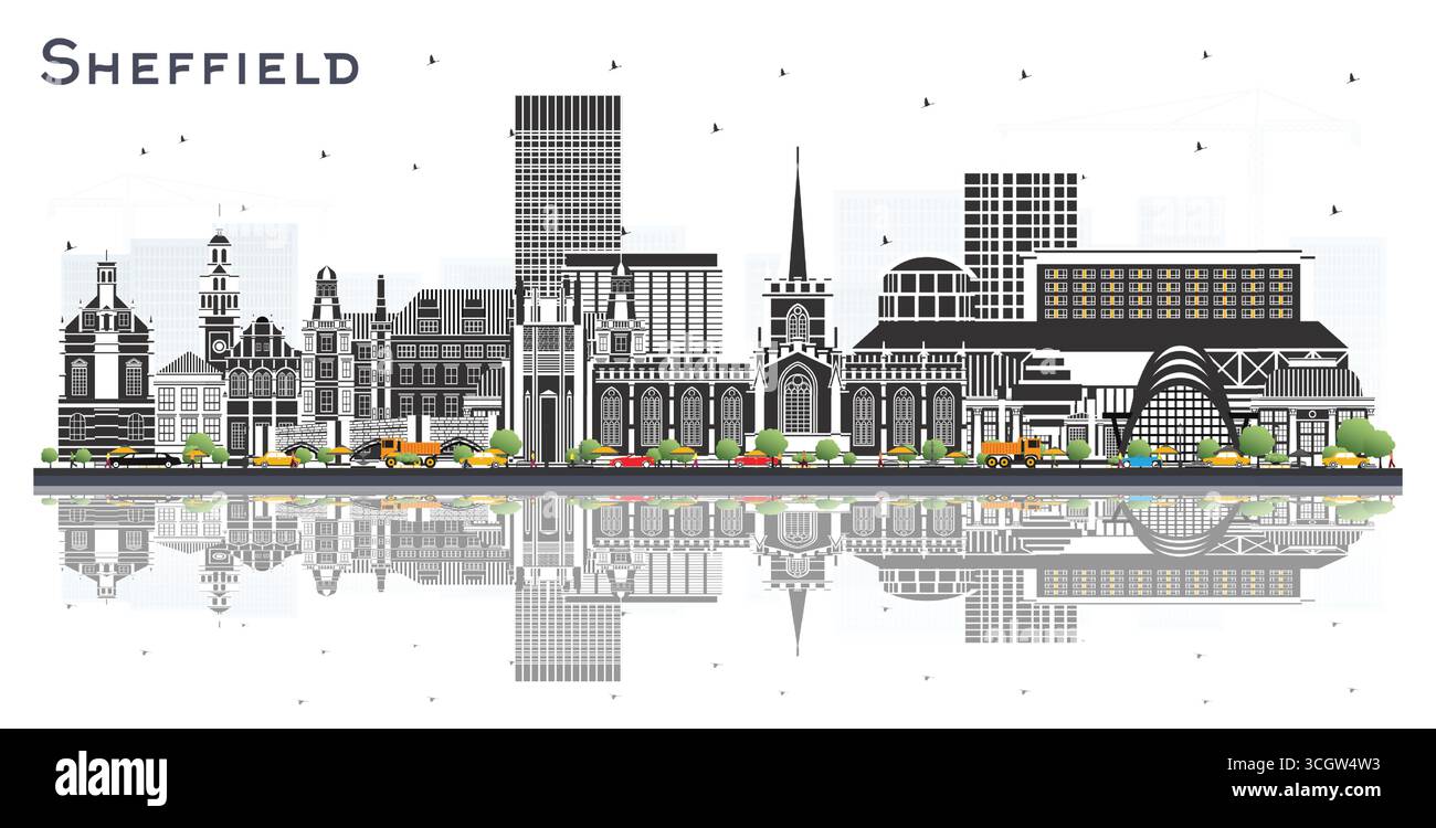 Skyline von Sheffield UK City mit farbigen Gebäuden und Reflexen isoliert auf weiß. Vektorabbildung. Sheffield South Yorkshire mit Landma Stock Vektor