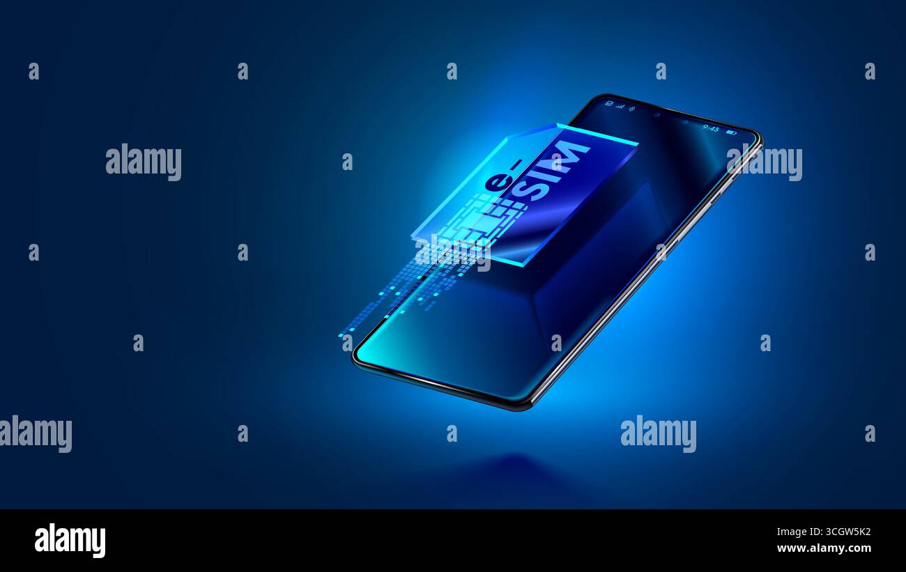 ESIM-Symbol über Mobiltelefon in 3D-Isometrie. Digitale virtuelle elektronische sim-Karte über Bildschirm eines modernen Smartphones. ESIM-Technologiekonzept. Stock Vektor