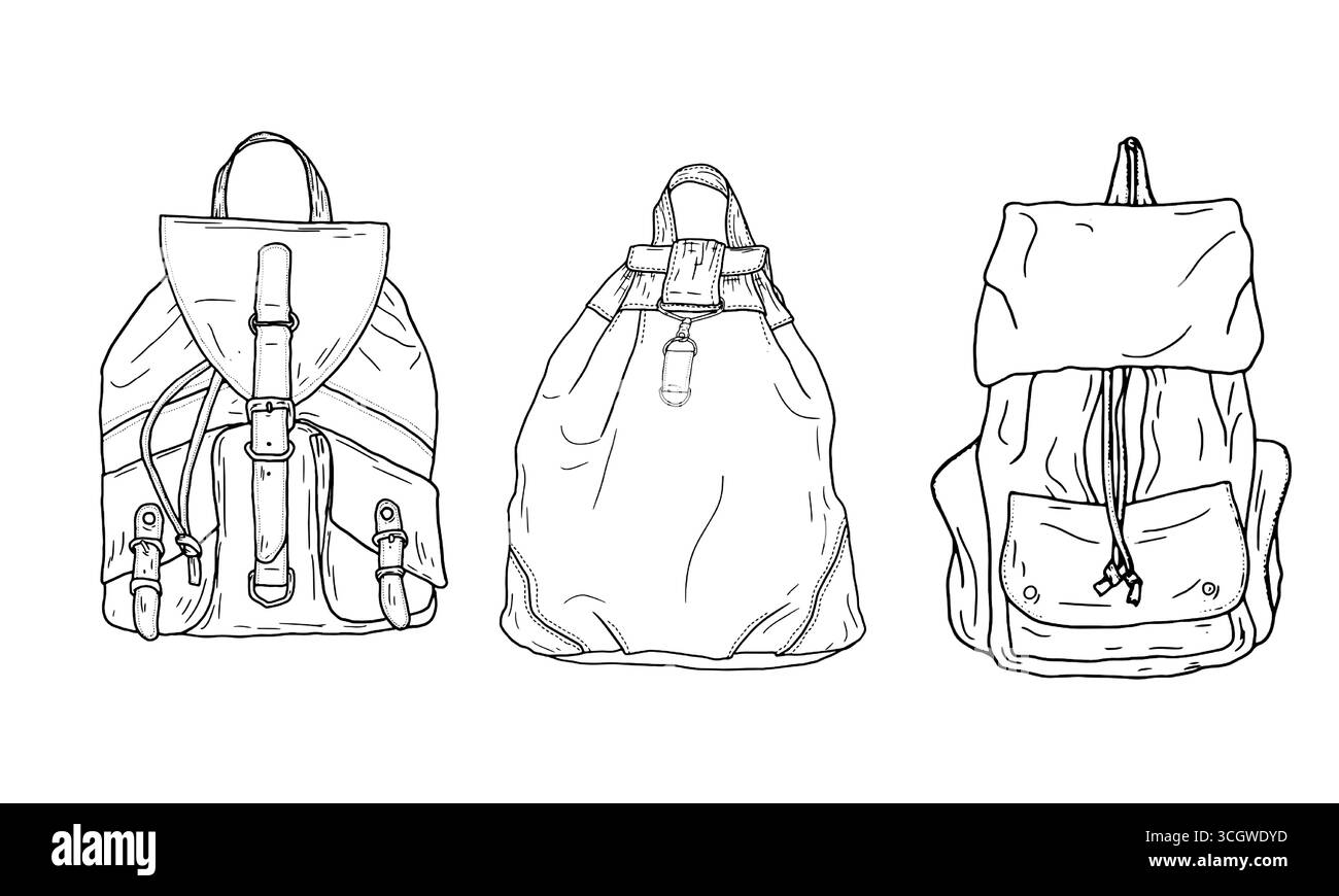 Rucksack mit Lederriemen und -Verschlüssen, schwarz-weiße Skizze. Vektorabbildung. Eine Reihe von Silhouetten ist auf weißem Hintergrund isoliert. Eine Schule b Stock Vektor
