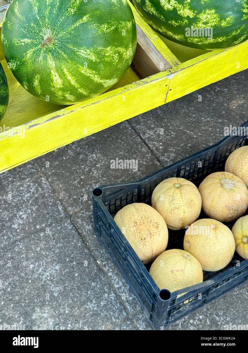 Straßenstand, an dem frische Wassermelonen und Melonen in Kisten verkauft werden. - Smartphone-aufgenommenes Stockfoto