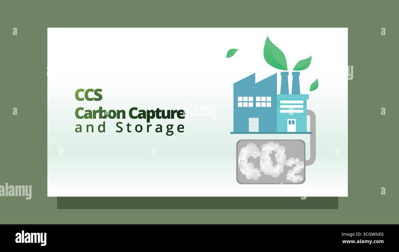 CCS-Konzept für CO2-Abscheidung und -Speicherung. Fabrik mit Kohlenstoffspeicher und grünen Blättern. Gehen Sie grün Bewegung Web oder Präsentationsvorlage Vektor Illustrati Stock Vektor