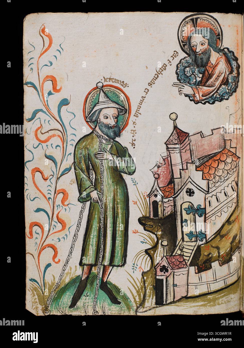 Der Prophet Jeremia aus einer Handschrift mit Kommentaren zu Daniel, Jeremia, Makkabäern und Judith, geschrieben 1396 vom Freiburger Priester Rüdiger Schopf, verziert mit farbigen Stift- und Tuschzeichnungen, die zwischen 1392 und 1415 für die Kartause Freiburg geschaffen wurde. Stockfoto