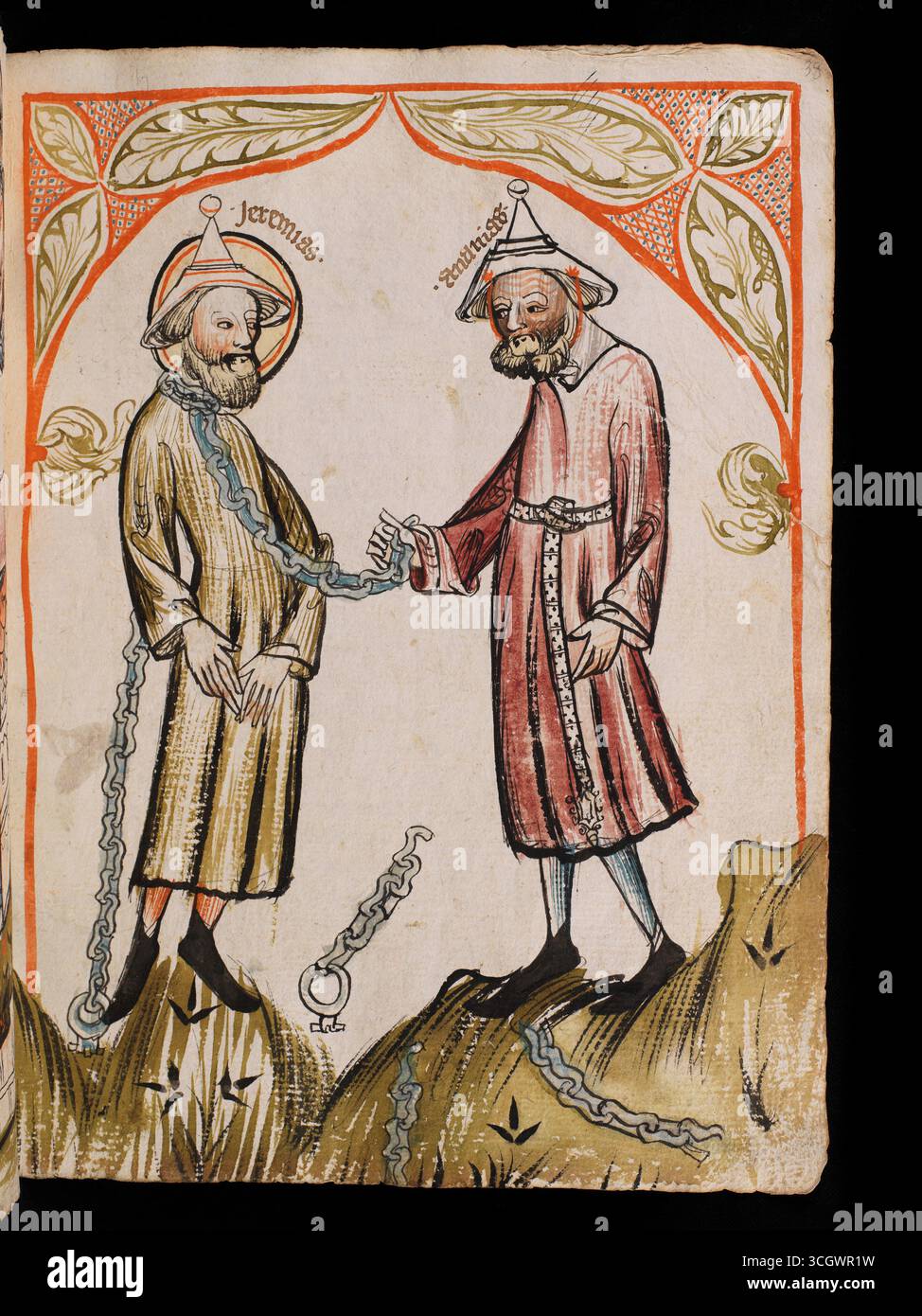 Der Prophet Jeremia aus einer Handschrift mit Kommentaren zu Daniel, Jeremia, Makkabäern und Judith, geschrieben 1396 vom Freiburger Priester Rüdiger Schopf, verziert mit farbigen Stift- und Tuschzeichnungen, die zwischen 1392 und 1415 für die Kartause Freiburg geschaffen wurde. Stockfoto