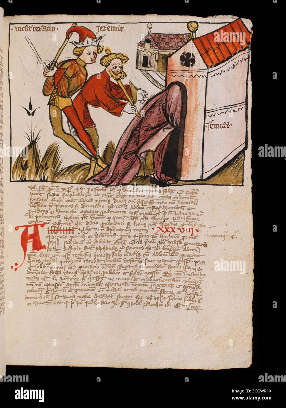 Der Prophet Jeremia aus einer Handschrift mit Kommentaren zu Daniel, Jeremia, Makkabäern und Judith, geschrieben 1396 vom Freiburger Priester Rüdiger Schopf, verziert mit farbigen Stift- und Tuschzeichnungen, die zwischen 1392 und 1415 für die Kartause Freiburg geschaffen wurde. Stockfoto