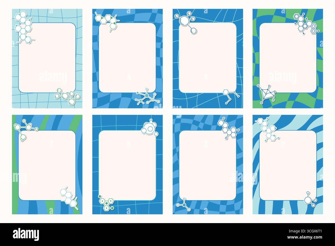 Groovige Notizbuchblätter mit Molekülstrukturen, einschließlich Aufklebern und Rahmen. Perfekt für kreatives Schuldesign und Bildung, Wissenschaft und Chemie Stock Vektor