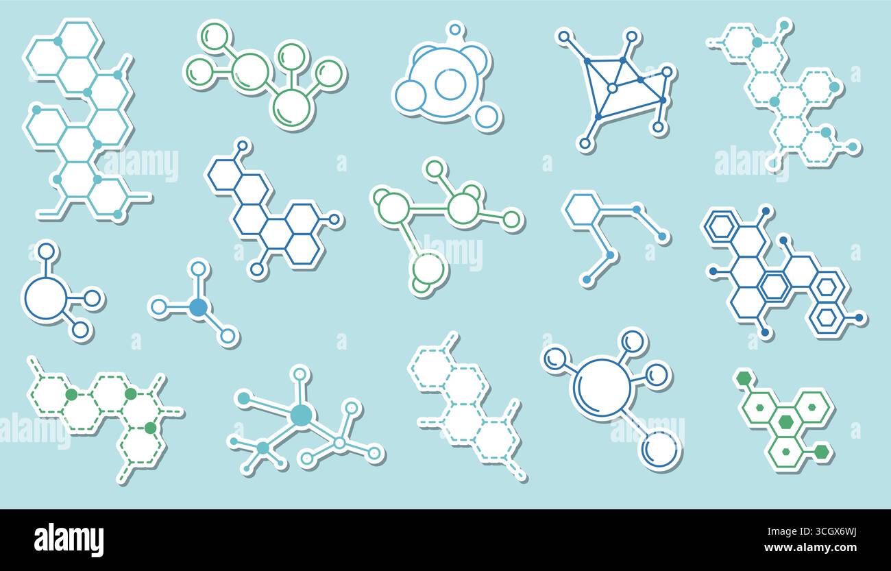 Dünne Stickers mit Molekularstruktur im modernen Minimal-Stil. Perfekt für Wissenschaft, Chemie, Biologie, Bildung, Medizin, Forschung, Digital te Stock Vektor
