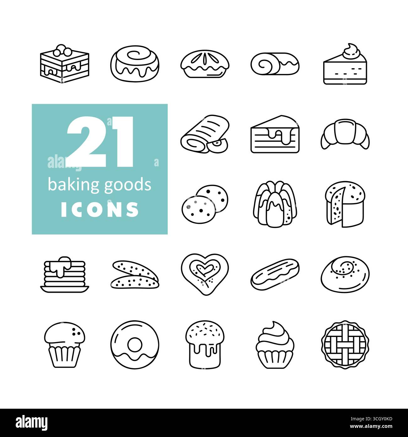 Eine Sammlung von 21 Vektorlinien-Symbolen für verschiedene Backwaren, einschließlich Brot, Kuchen, Gebäck und Süßigkeiten. Perfekt für Menüs, Food-Apps und des Stock Vektor