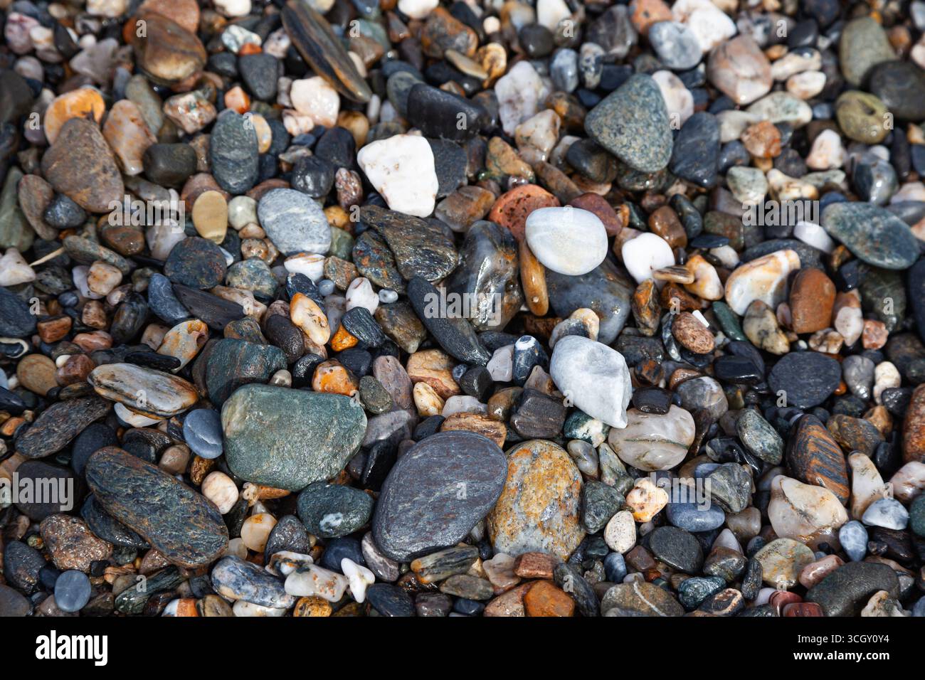 Hintergrund von Meeressteinen. Steine in verschiedenen Formen, Größen und Farben an der Küste, Nahaufnahme. Stockfoto