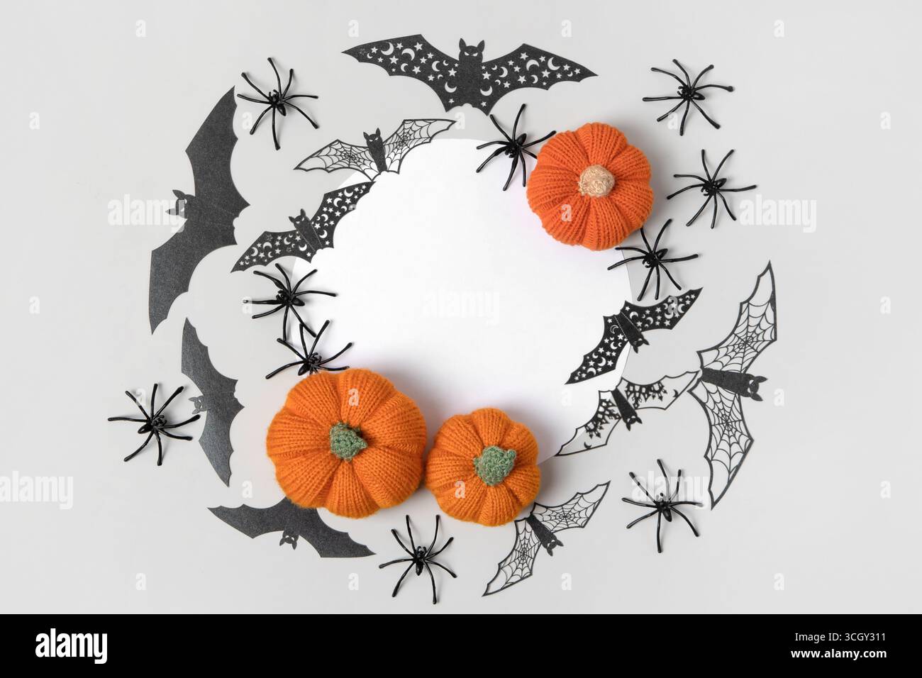 Halloween-Komposition aus gestrickten orangefarbenen Kürbissen, schwarzen Spinnweben und Spinnen und Fledermäusen mit einem runden weißen Textfeld. Handgefertigtes Strickspielzeug für Kinder und Dekoration für das Ferienhaus. Stockfoto