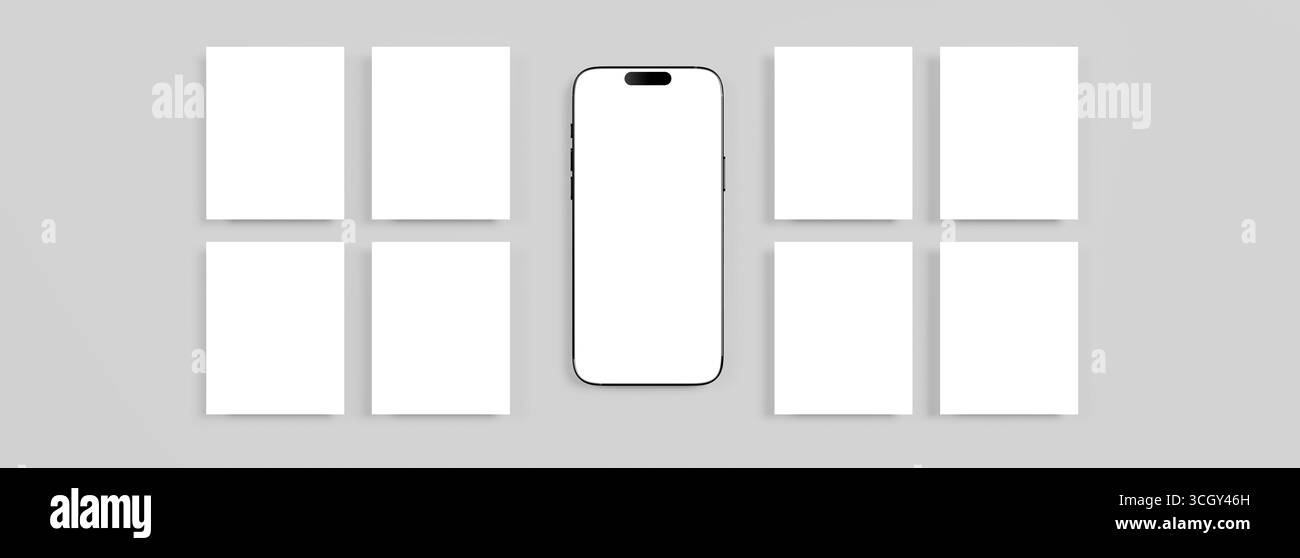 Social Media Post Mockup. Draufsicht eines Mobiltelefons mit App-Seitendesign für Benutzer-Karussell nach dem Feed. Stockfoto