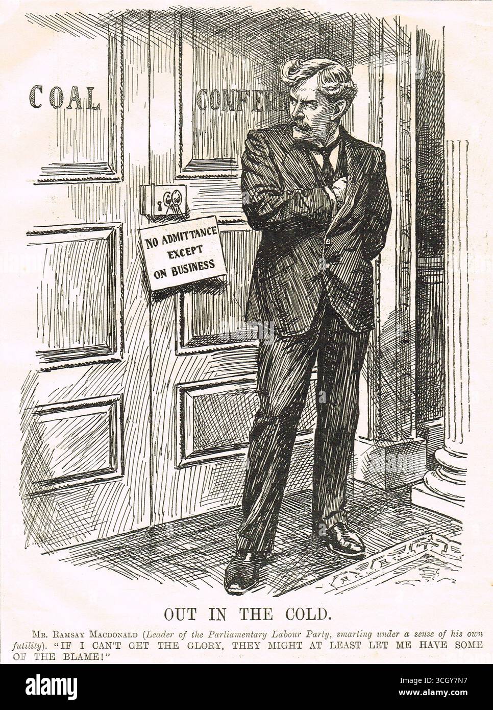 Punch-Cartoon von 1912, in dem Ramsay MacDonald 1912 aus der Kohlestreikkonferenz ausgeschlossen wurde. Der nationale Kohlestreik des Vereinigten Königreichs von 1912 war der erste nationale Streik von Bergbauern im Vereinigten Königreich. Ihr Hauptziel war die Sicherung eines Mindestlohns. Nach 37 Tagen intervenierte die Regierung und beendete den Streik mit der Verabschiedung des Coal Mines Act, der die Mindestlohnbestimmungen auf den Bergbau und bestimmte andere Industrien mit vielen manuellen Arbeitsplätzen ausdehnte Stockfoto