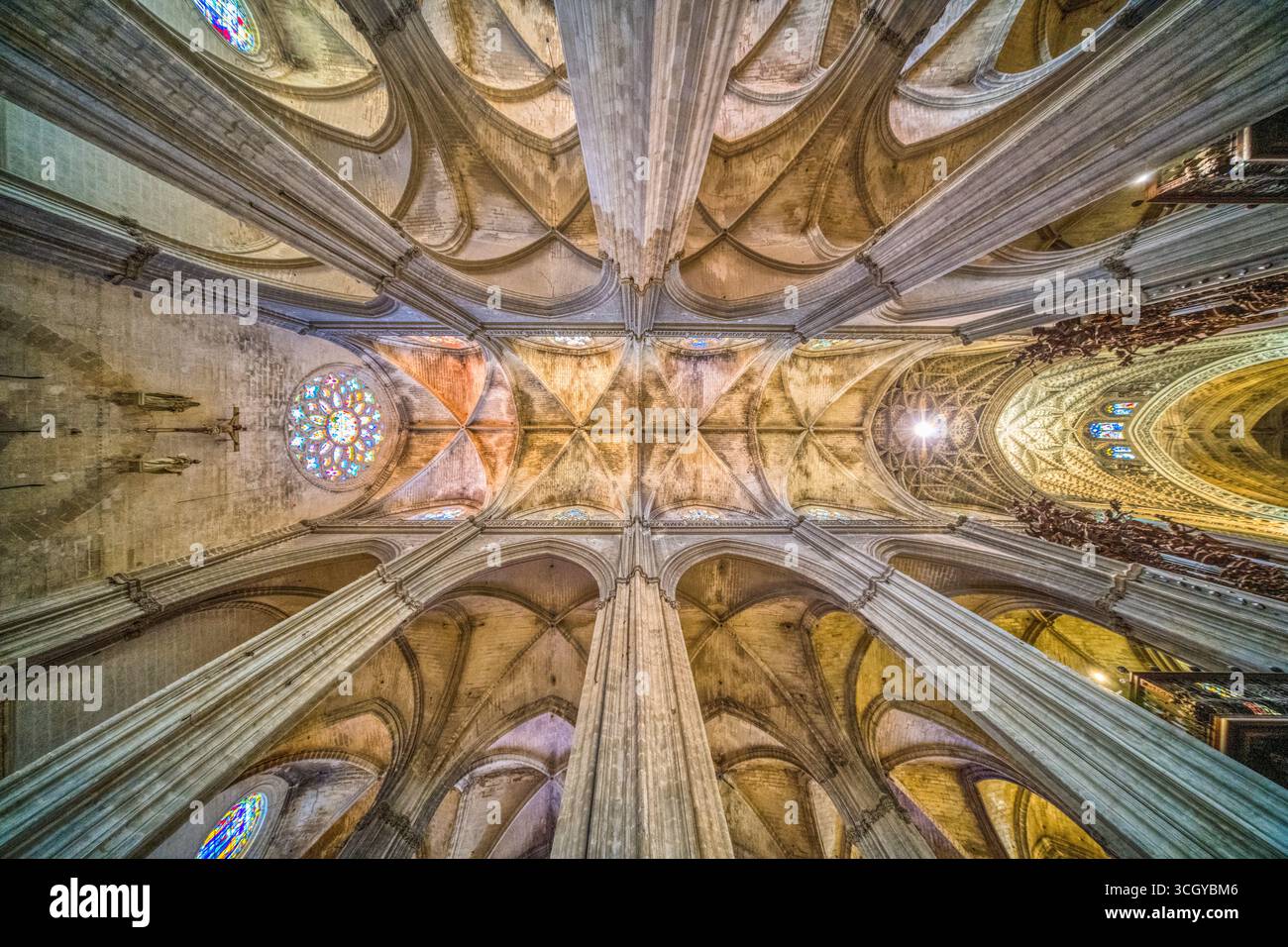 Entdecken Sie die atemberaubenden Rippengewölbe und fünf Gänge der Kathedrale von Sevilla, der weltweit größten gotischen Kirche. Stockfoto