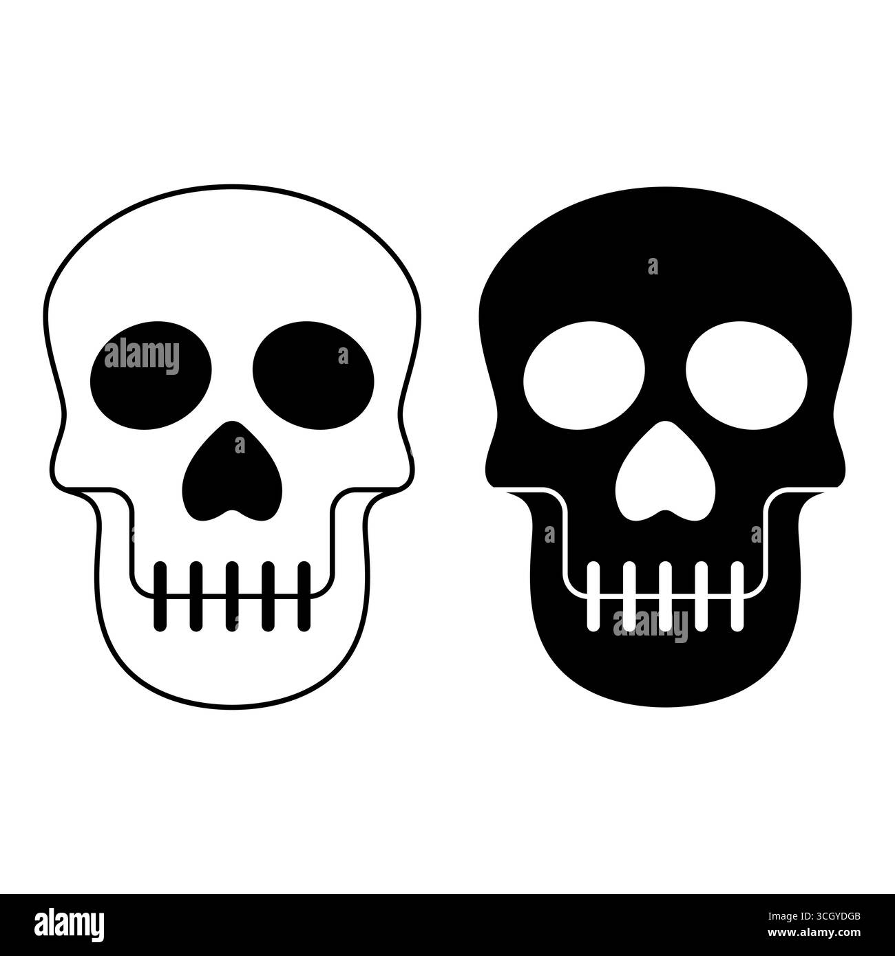 Skull Black and White Vector Illustration von zwei stilisierten Skelettköpfen. Perfekt für Halloween-Grafiken, Tattoo-Design-Ideen und Gothic-Themen. Stock Vektor