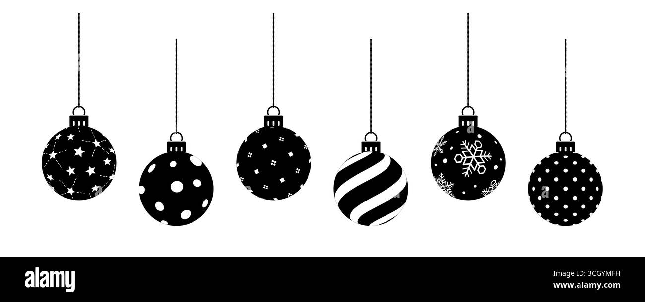 Schwarz-weiße Vektor-Set von Weihnachtskugeln mit verschiedenen dekorativen Mustern einschließlich Sterne, Polka Dots, Streifen, Schneeflocken und festlichen Ornamenten Stock Vektor
