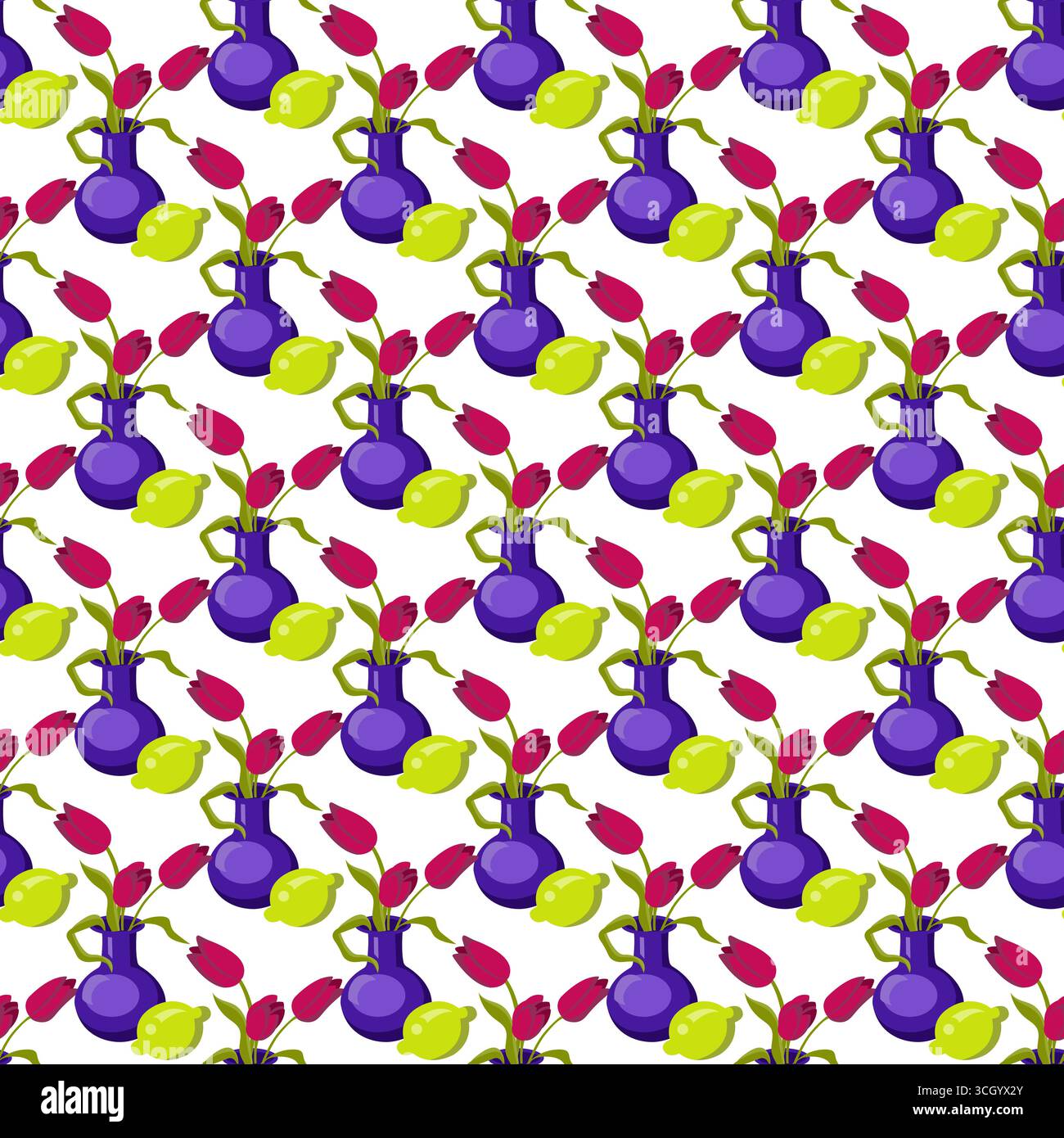 Blaue Vase mit drei roten Tulpen und reifer Zitrone. Nahtloses Muster. Vektorabbildung. Stock Vektor