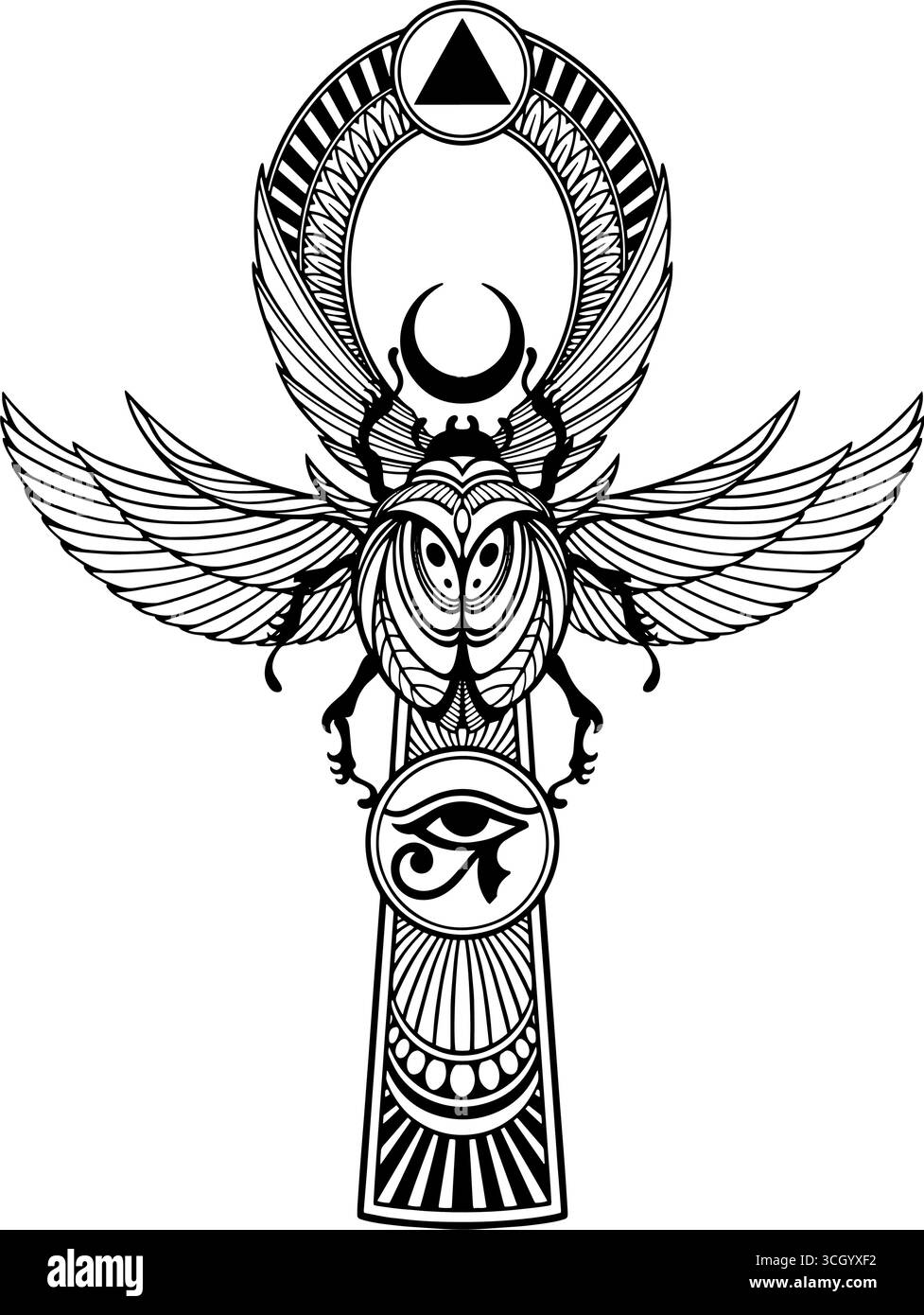 altägyptisches Ankh-Symbol mit Auge des horus und Scarab, der den Mondsichel hält. Vektorabbildung Stock Vektor
