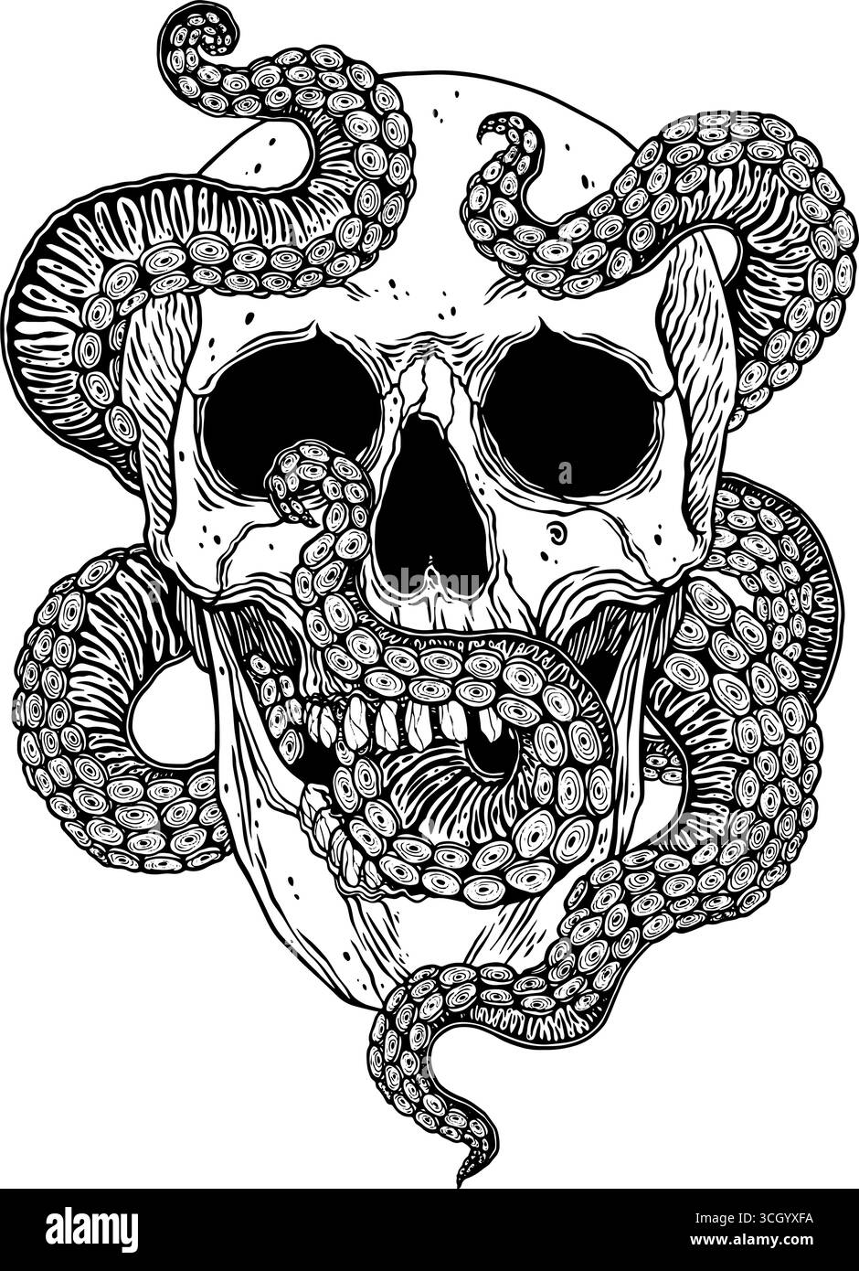 Gruselige Oktopustentakeln im menschlichen Schädel. Vektorabbildung Stock Vektor